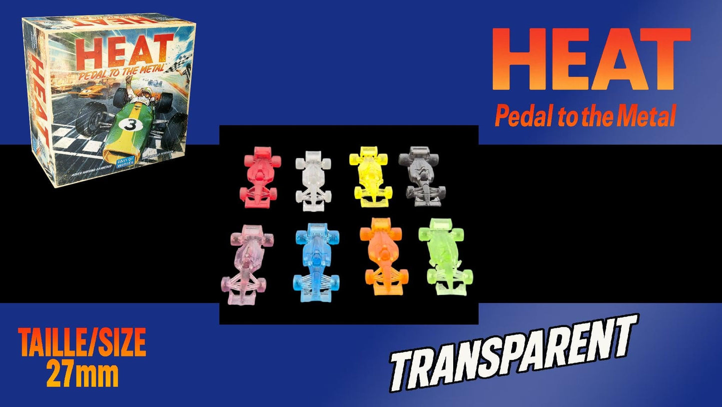 Set 9 voitures F1 pour Heat: Pedal to the Metal –Miniatures imprimées 3D en resine transparente année 1994– Accessoire jeu de société - 3Dpaint Game