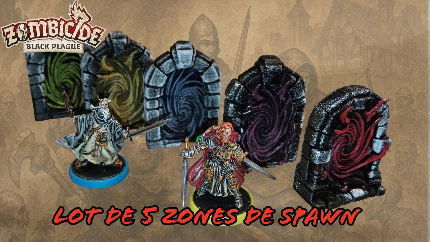 5 Doors + 5 Spawn Portals Set for Zombicide Black Plague – Lot de 5 Portes + 5 Portails de Spawn Compatible Zombicide Black Plague - 3Dpaint Game