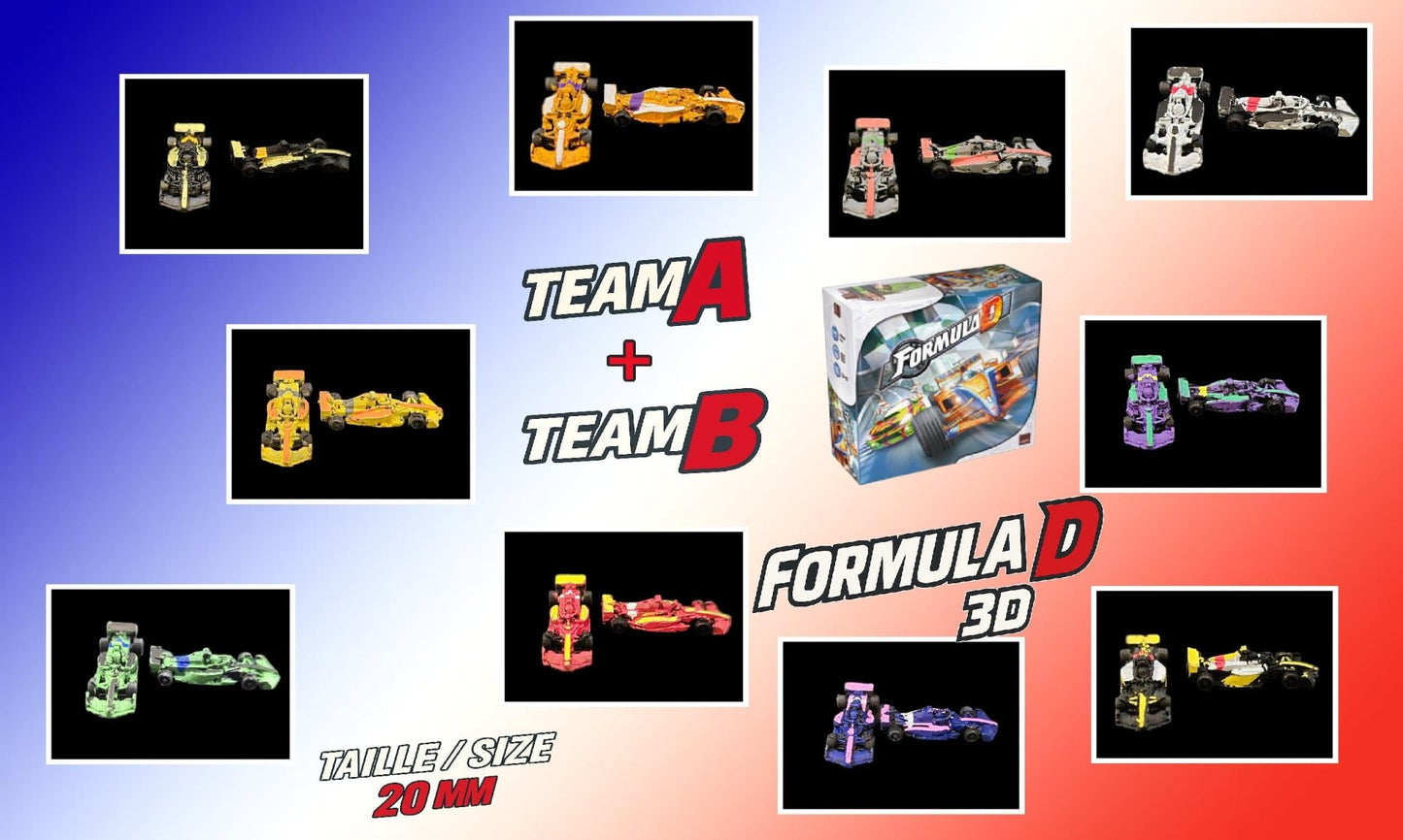 Alignement de 10 monoplaces F1 miniatures personnalisées et imprimées en 3D pour le jeu Formula D