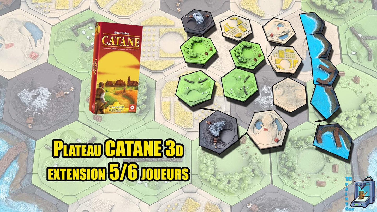 Plateau 3D Catane & extension 5/6 joueurs peint à la main – Compatible Catan | Accessoire de luxe imprimé 3D pour jeu de société - 3Dpaint Game