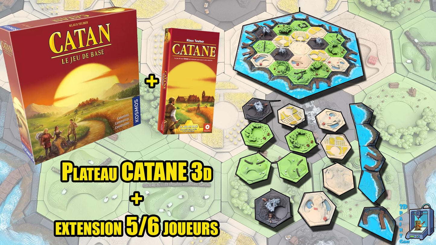 Plateau 3D Catane & extension 5/6 joueurs peint à la main – Compatible Catan | Accessoire de luxe imprimé 3D pour jeu de société - 3Dpaint Game