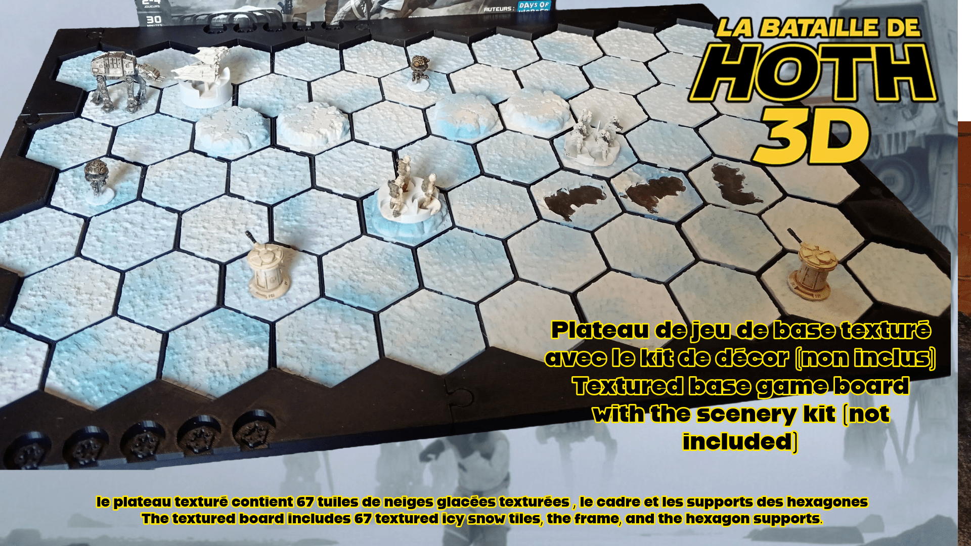 Plateau 3D Hoth compatible jeu – Tuiles neige texturées | Extension plateau carton | Terrain wargame hexagonal - 3Dpaint Game