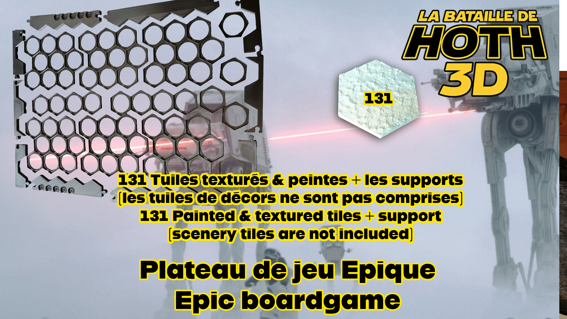 Plateau 3D Hoth compatible jeu – Tuiles neige texturées | Extension plateau carton | Terrain wargame hexagonal - 3Dpaint Game