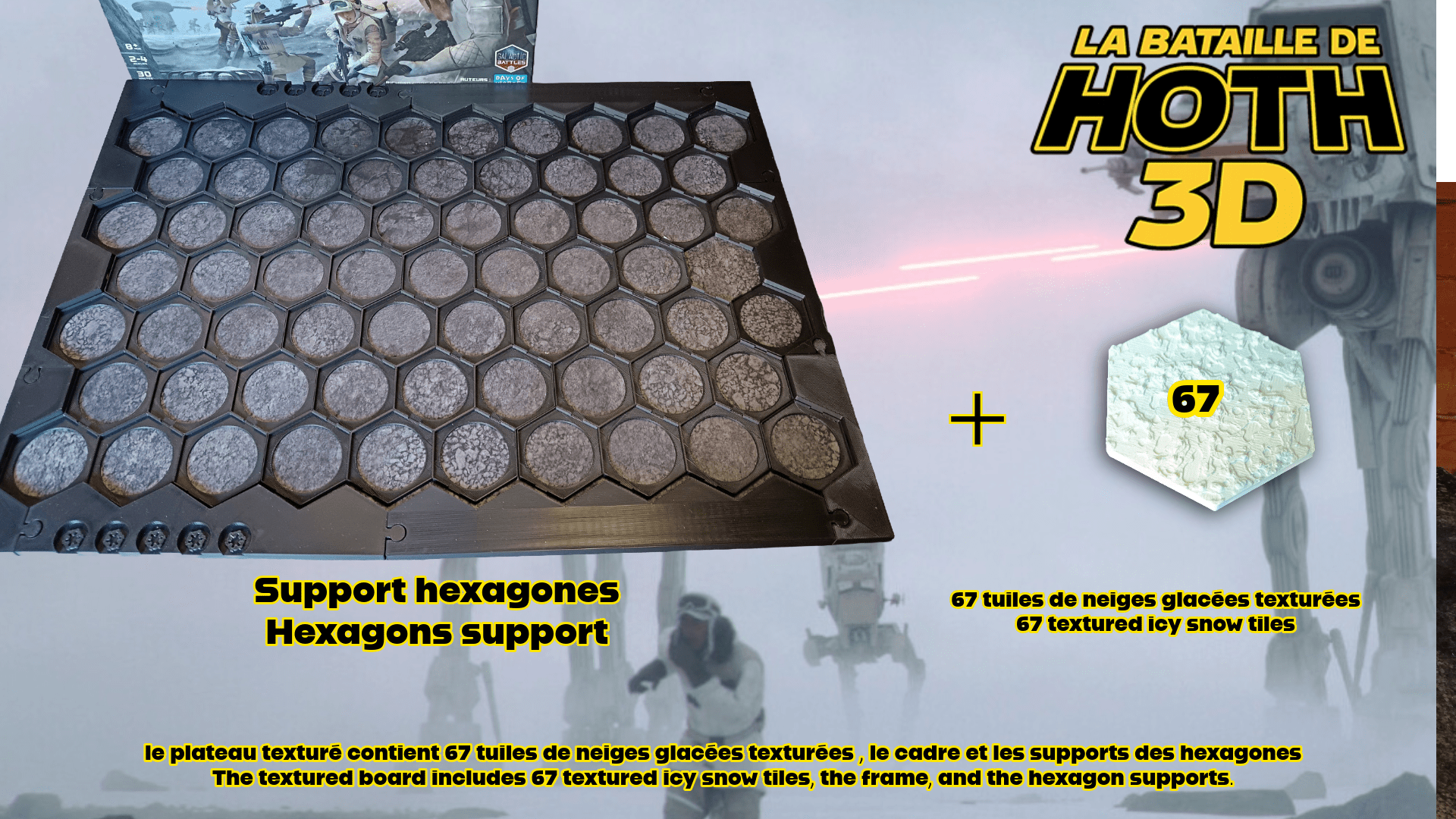 Plateau 3D Hoth compatible jeu – Tuiles neige texturées | Extension plateau carton | Terrain wargame hexagonal - 3Dpaint Game