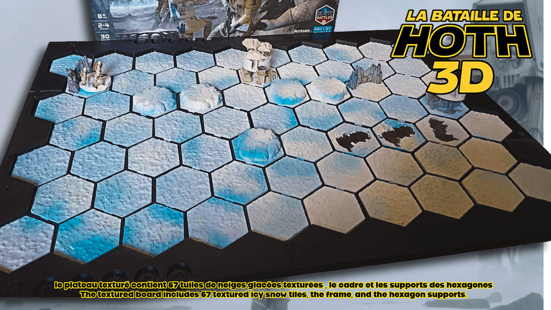 Plateau 3D Hoth compatible jeu – Tuiles neige texturées | Extension plateau carton | Terrain wargame hexagonal - 3Dpaint Game