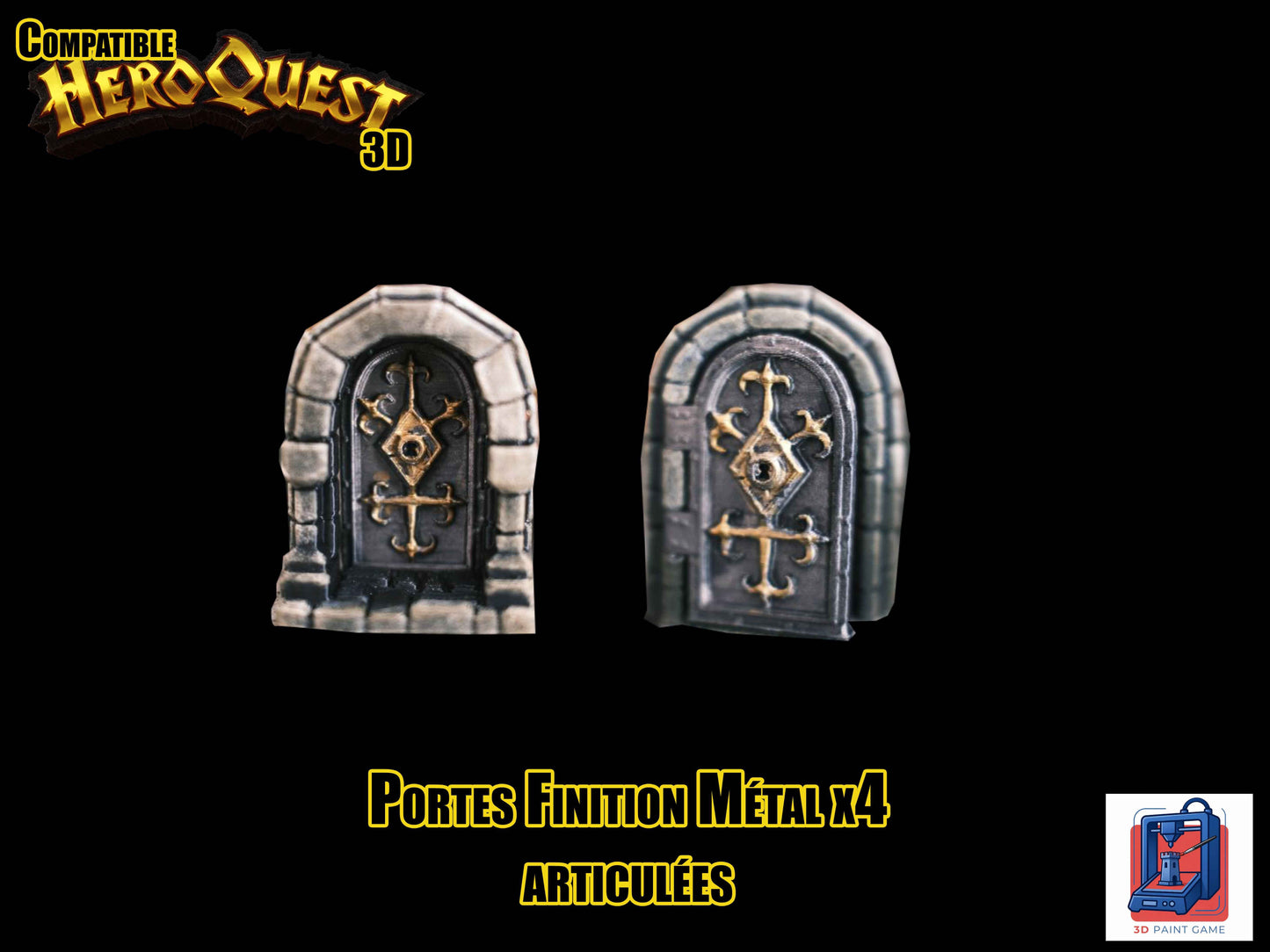 Lot de 4 Portes 3D articulées — Compatible HeroQuest — Finition métal & dorures