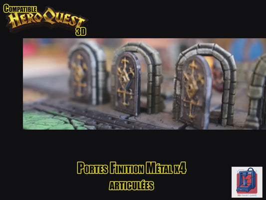 Lot de 4 Portes 3D articulées — Compatible HeroQuest — Finition métal & dorures