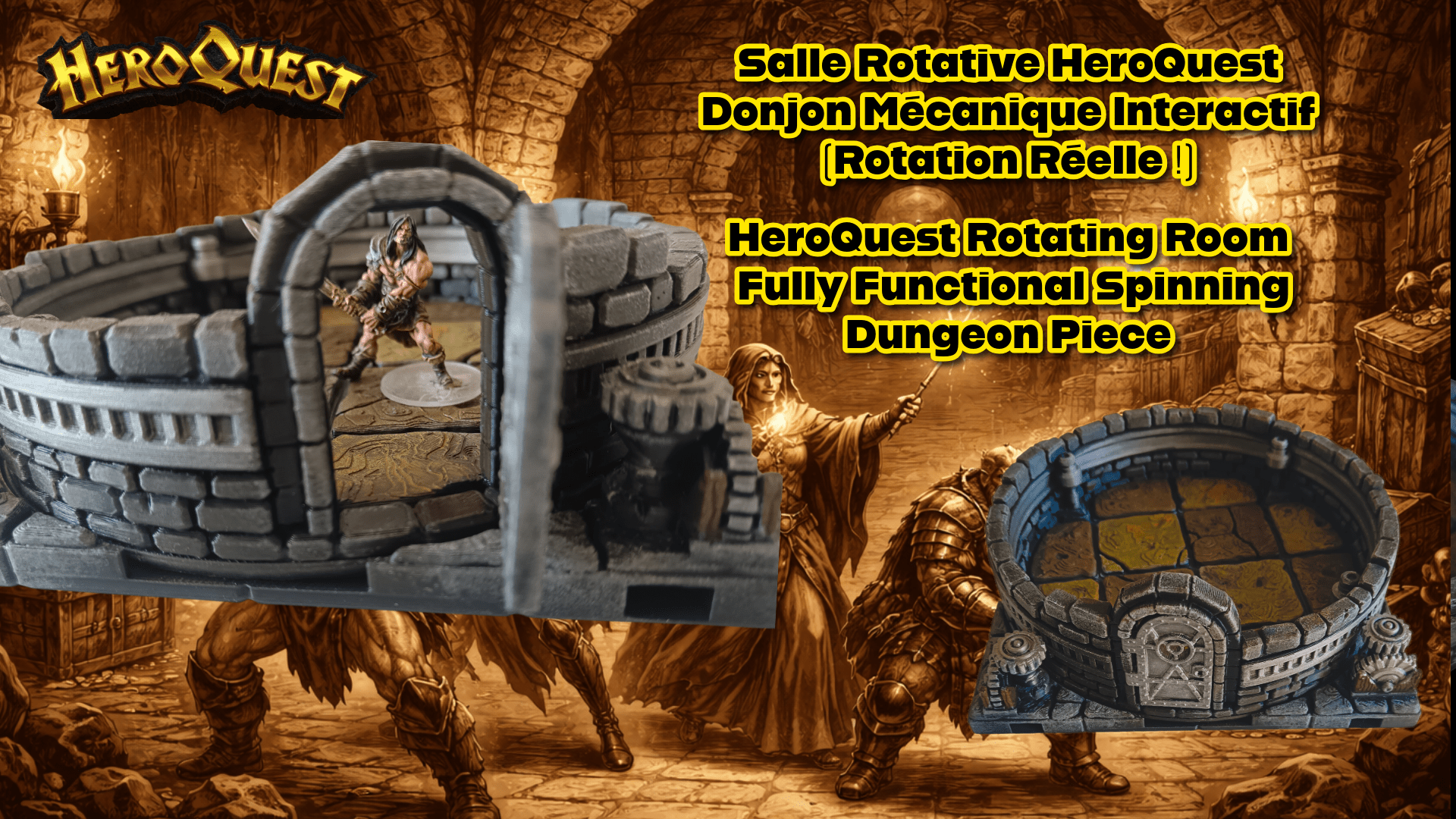 Salle rotative interactive 3D pour HeroQuest avec mécanisme d'engrenages et figurine de barbare à l'intérieur