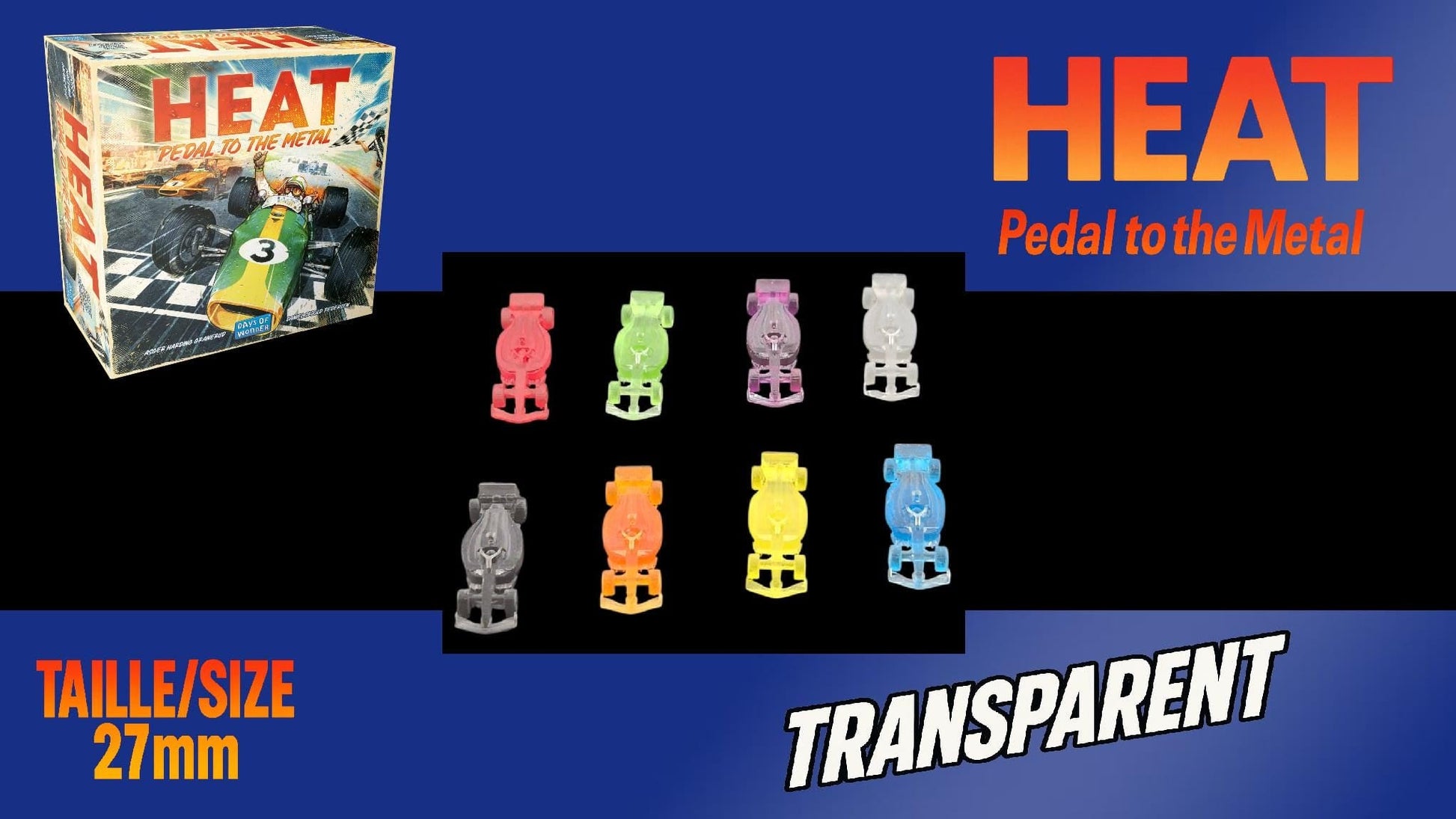 Set 9 voitures F1 2024 pour Heat: Pedal to the Metal –Miniatures imprimées 3D en resine transparente année 2024– Accessoire jeu de société - 3Dpaint Game