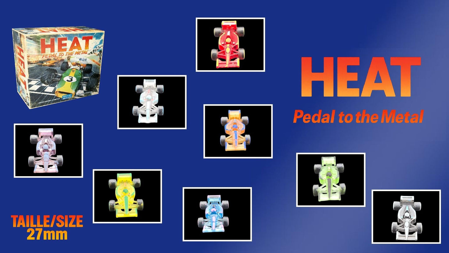 Set 9 voitures F1 pour Heat: Pedal to the Metal –Miniatures imprimées 3D en resine transparente année 1994– Accessoire jeu de société - 3Dpaint Game