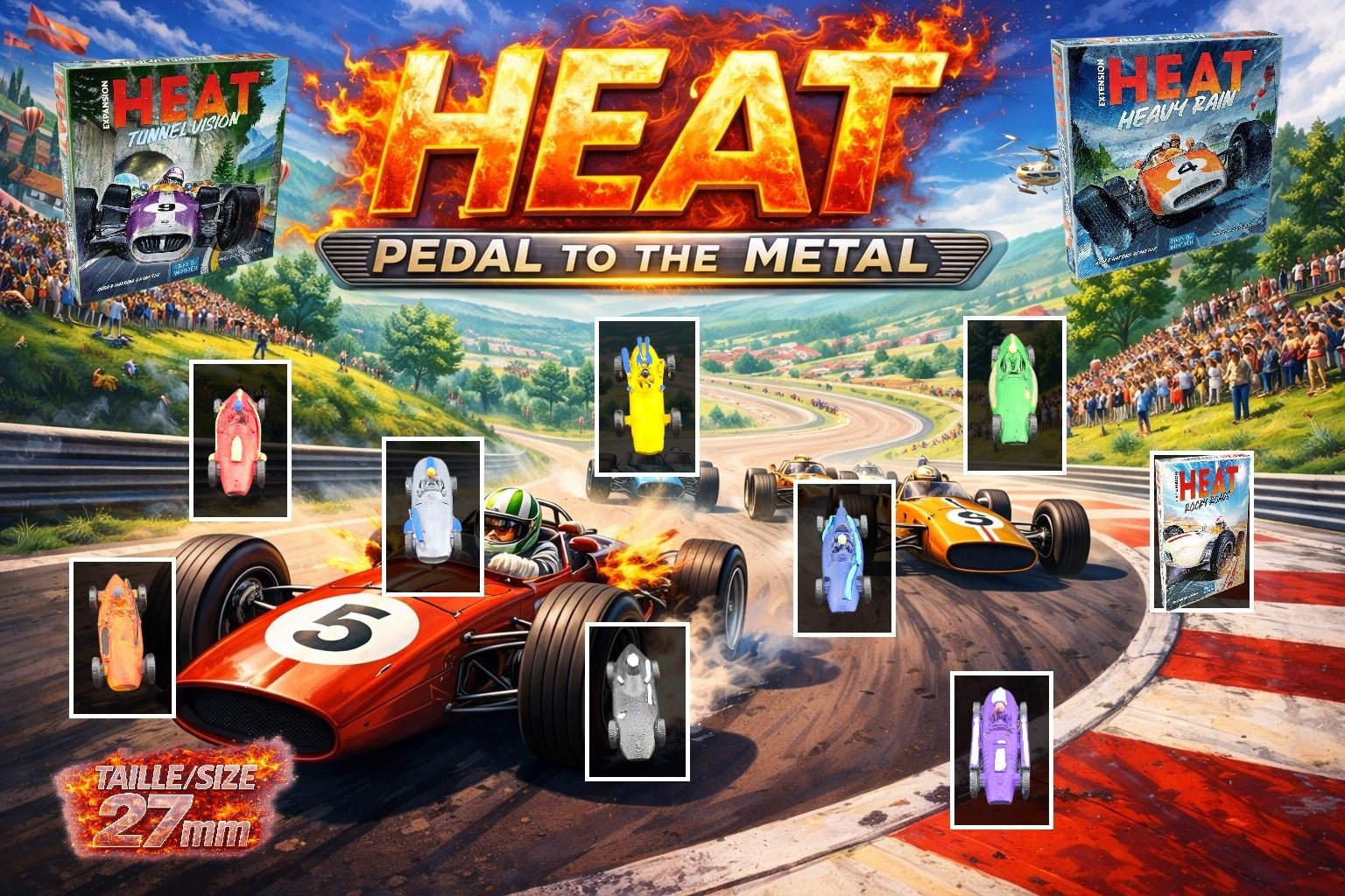Set 9 voitures F1 pour Heat: Pedal to the Metal – Miniatures imprimées 3D peintes à la main – Accessoire jeu de société / board game - 3Dpaint Game